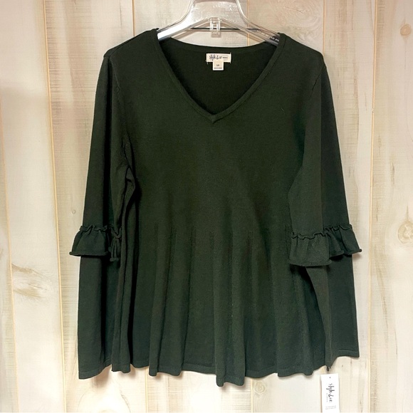 Style & Co. Sweaters - NWT Style & Co Dark Green V Neck Ruffle Sleeve Sweater Pullover Sz 1X